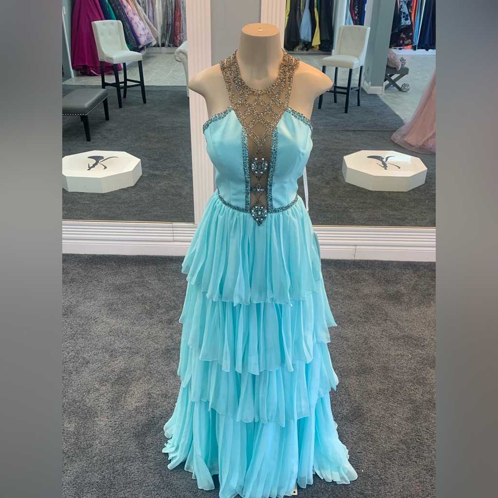 Size 12. Mint Color. Ruffled Layered Bottom. Halter Top. Beaded Dress With Sheer